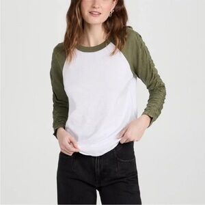 Veronica Beard M Color Block Baseball Tee Green White Scrunched Puff Sleeve
